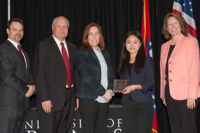 Photo of Todd Shields, Jim Rankin, Heather Nachtmann, Jingjing Tong with plaque and Sharon Gaber