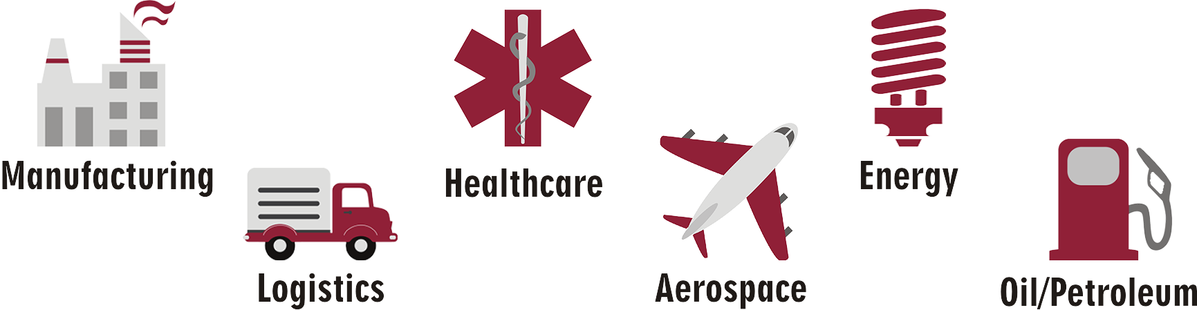 icons representing: Manufacturing, Logistics, Healthcare, Aerospace, Energy, and Oil/Petroluem